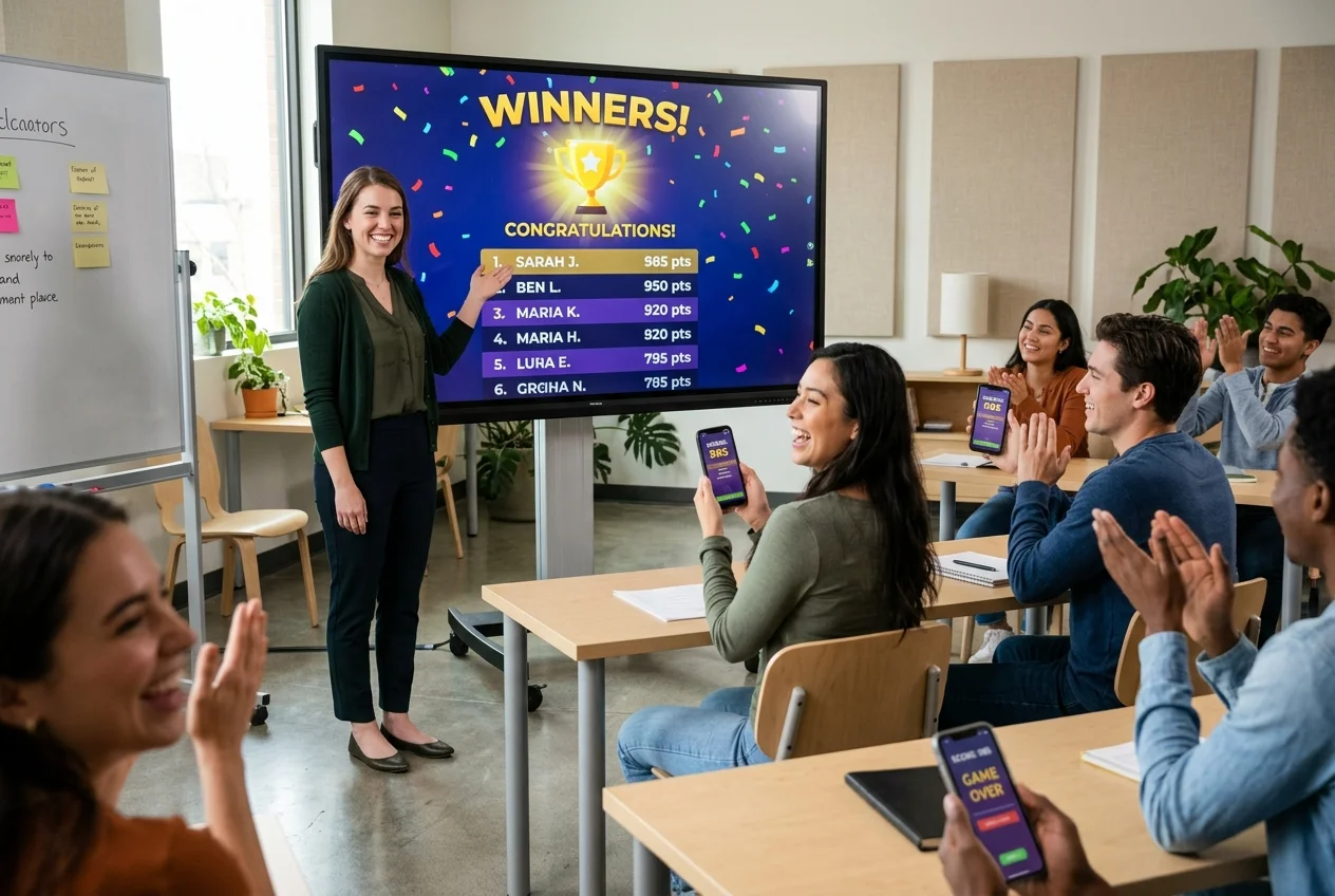 Admin presenting the final winners leaderboard on the classroom screen to celebrating students