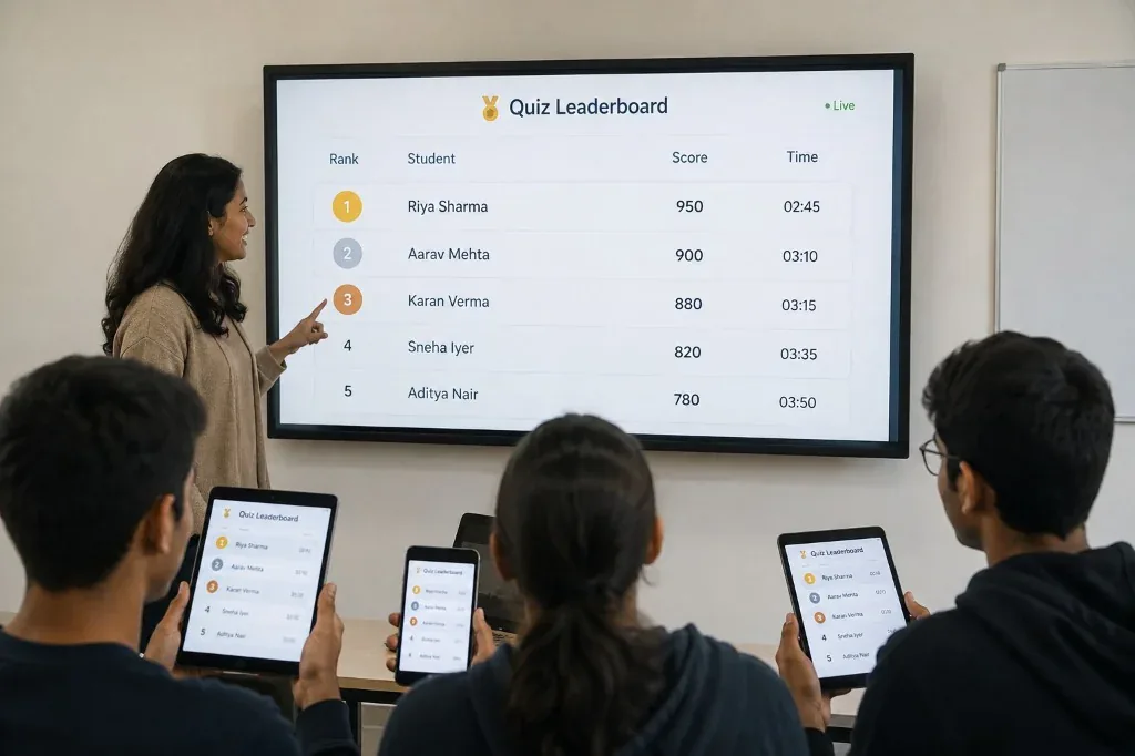 Live ranking board on auditorium screen with cheering students