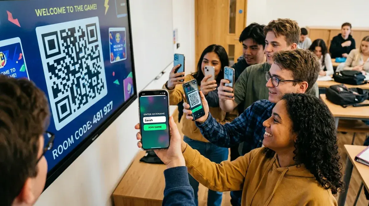 Students in classroom scanning QR code to join live room
